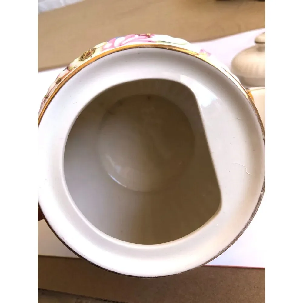 Vtg 50s Sadler England Ribbed Teapot Cream Floral Bouquet Gold Trim MCM #3771 6
